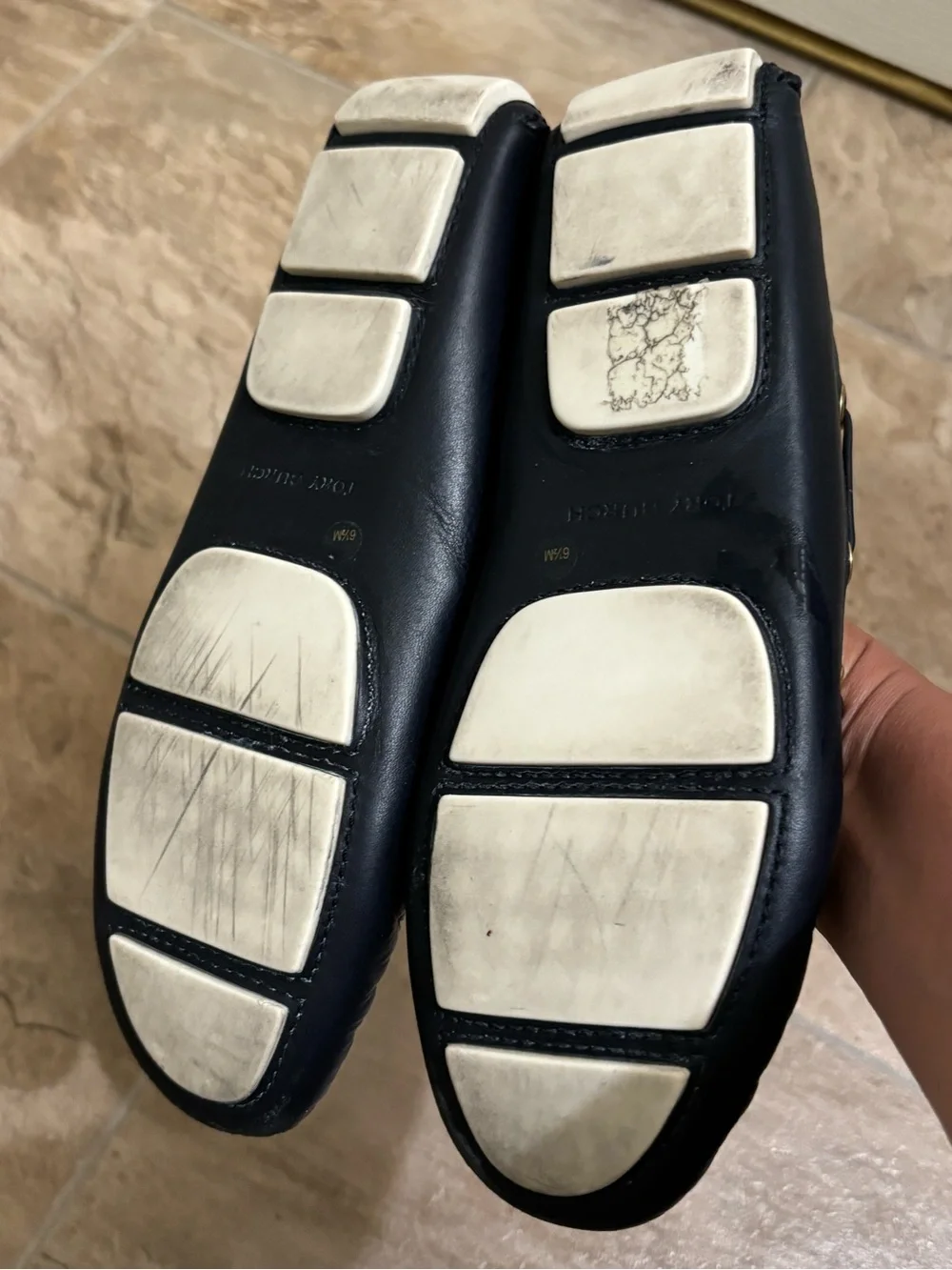 Tory Burch Black Perforated Leather Driving Loafers with Gold Accents